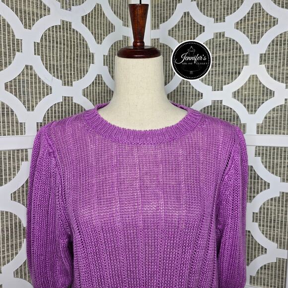 J. Crew NWT Purple Linen Ribbed Knit Short Puff Sleeve Sweater Size Large - Picture 4 of 11